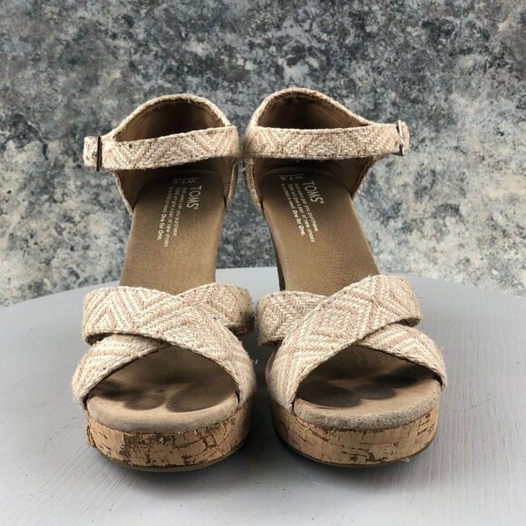 TOMS Womens 7.5 Sienna Tan Woven Diamond Pattern Cork High Heel Wedge Sandals - Picture 2 of 13
